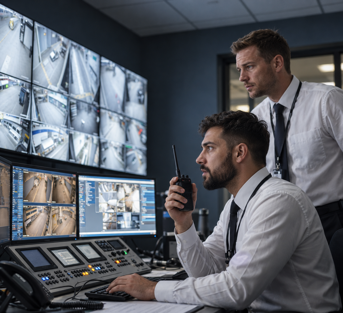 Equipe do Grupo Auge operando a central de monitoramento com câmeras de CFTV em tempo real